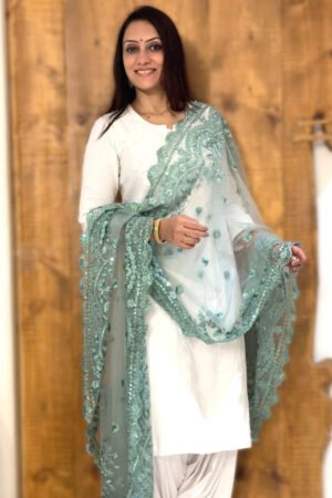 Embroidered Net Dupatta with Intricate Cutwork Border