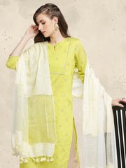 Cream Linen Dupatta with Organza Border and Tassels - Image 3