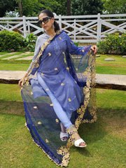 Navy Blue Embroidered Net Dupatta with Cutwork
