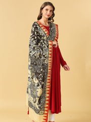 Beige & Black Hand Painted Kalamkari Pure Chennur Silk Dupatta - Image 2