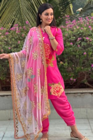 Light Pink Net Dupatta with Gotta Patti Work