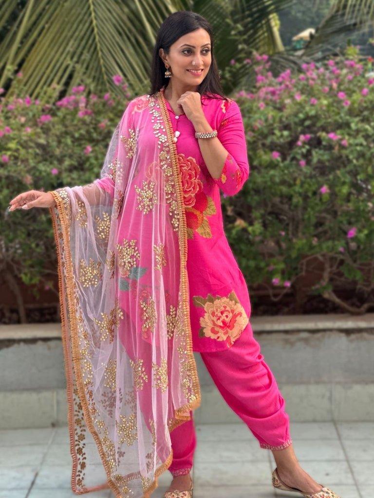 Light Pink Net Dupatta with Gotta Patti Work