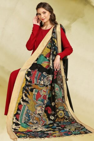 Black & Multicolour Hand Painted Kalamkari Pure Chennur Silk Dupatta