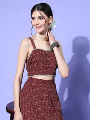 Charming Women Brown Trible Printed Top & Skirt - Image 2