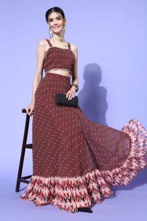 Charming Women Brown Trible Printed Top & Skirt