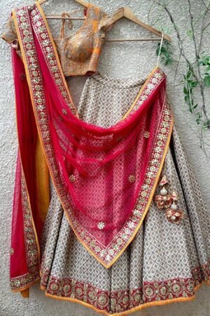 Grey Embroidered Taffeta Silk Wedding Wear Lehenga Choli