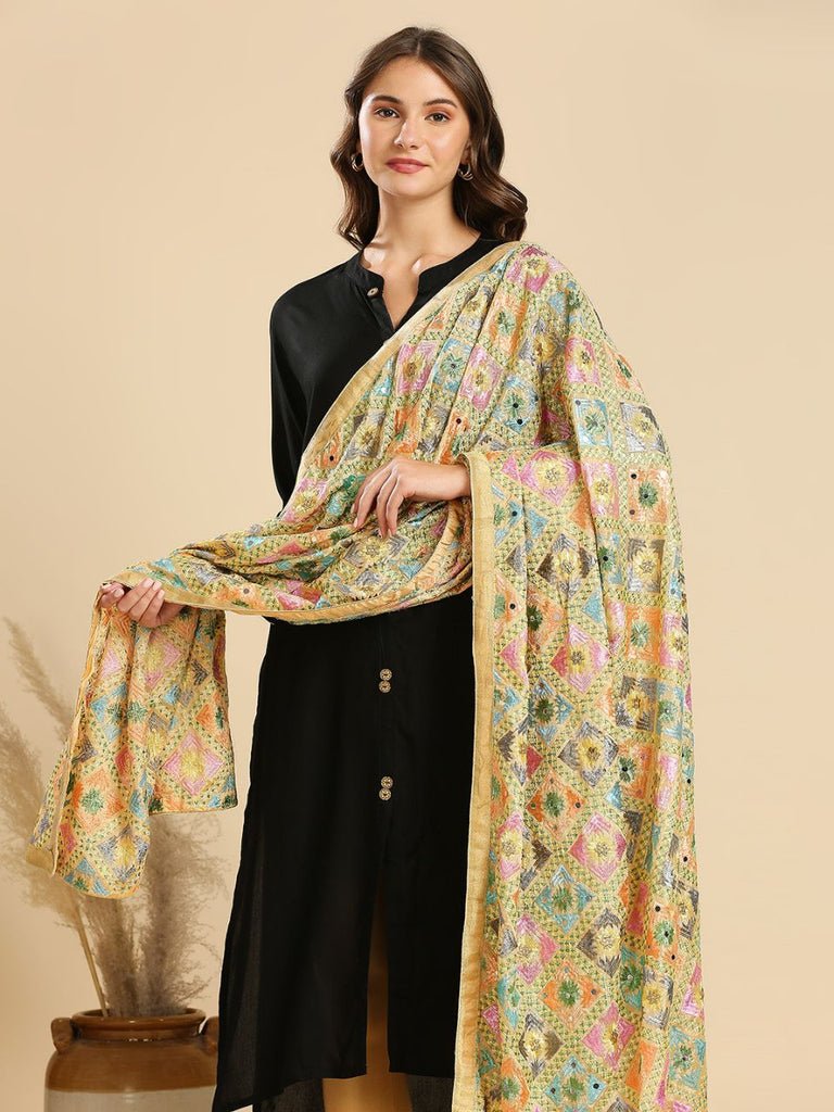 Multicoloured Embellished Phulkari Chiffon Dupatta