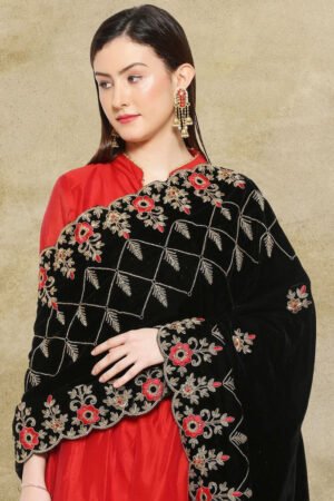 Black Velvet Dupatta with Embroidery & Cutwork Embroidery