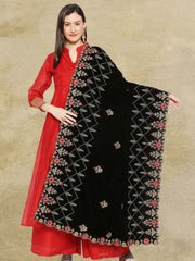 Black Velvet Dupatta with Embroidery & Cutwork Embroidery - Image 2