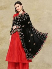 Black Velvet Dupatta with Embroidery & Cutwork Embroidery - Image 4