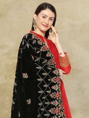 Black Velvet Dupatta with Embroidery & Cutwork Embroidery - Image 3