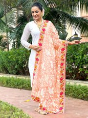 Heavily Floral Embroidered Peach Georgette Dupatta