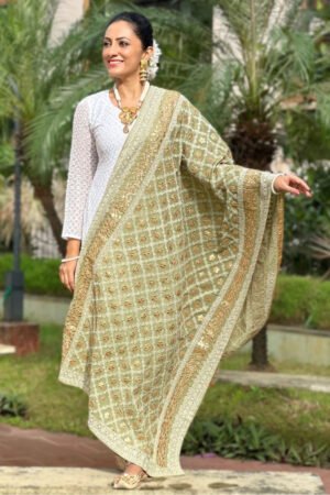 Olive Green Georgette Lucknowi Work dupatta with Gotta Patti Work