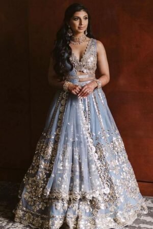 Gorgeous Sky Blue Zari Work Net Wedding Wear Lehenga Choli