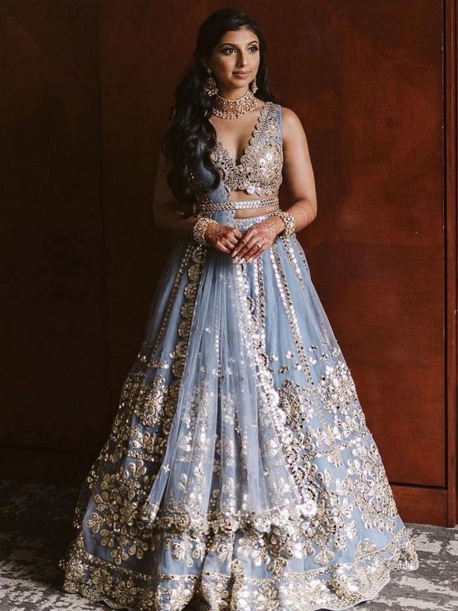 Gorgeous Sky Blue Zari Work Net Wedding Wear Lehenga Choli
