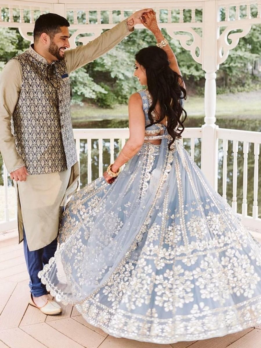 Gorgeous Sky Blue Zari Work Net Wedding Wear Lehenga Choli - Image 2