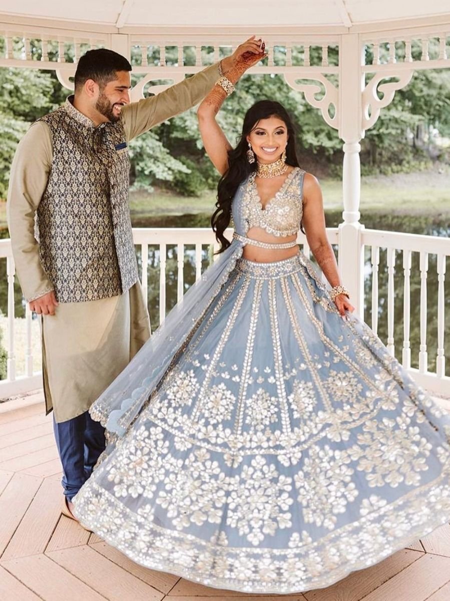 Gorgeous Sky Blue Zari Work Net Wedding Wear Lehenga Choli - Image 3