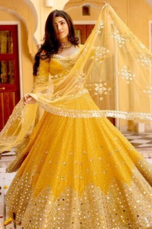 Elegant Yellow Paper-Mirror Work Georgette Special Occasion Lehenga Choli