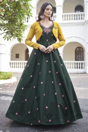 Green Cotton Partywear Gown