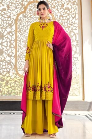 Lime Green Embroidered Partywear Sharara-Style-Suit