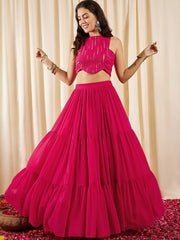 Magenta Embellished Sleeveless Crop Top With Skirts