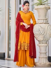 Mustard Embroidered Partywear Sharara-Style-Suit