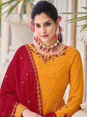 Mustard Embroidered Partywear Sharara-Style-Suit - Image 3