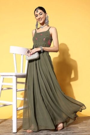 Olive Green Floral Embroidered Thread Work Co-ords Set