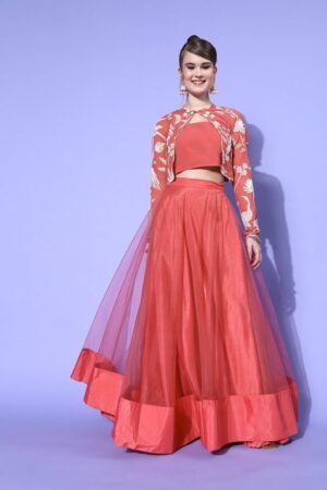 Women Beautiful Peach Embellished Top with Solid Skirt