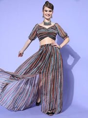 Women Black Printed Top with Skirt