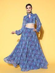 Women Blue Printed Top with Skirt