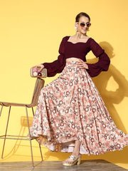 Women Brown & Orange Printed Top & Skirt