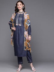 Women Navy Blue Gotta Patti Kurta with Trousers & With Dupatta