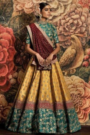 Sabyasachi Teal Green-Yellow Bridal Lehenga Choli With Dupatta