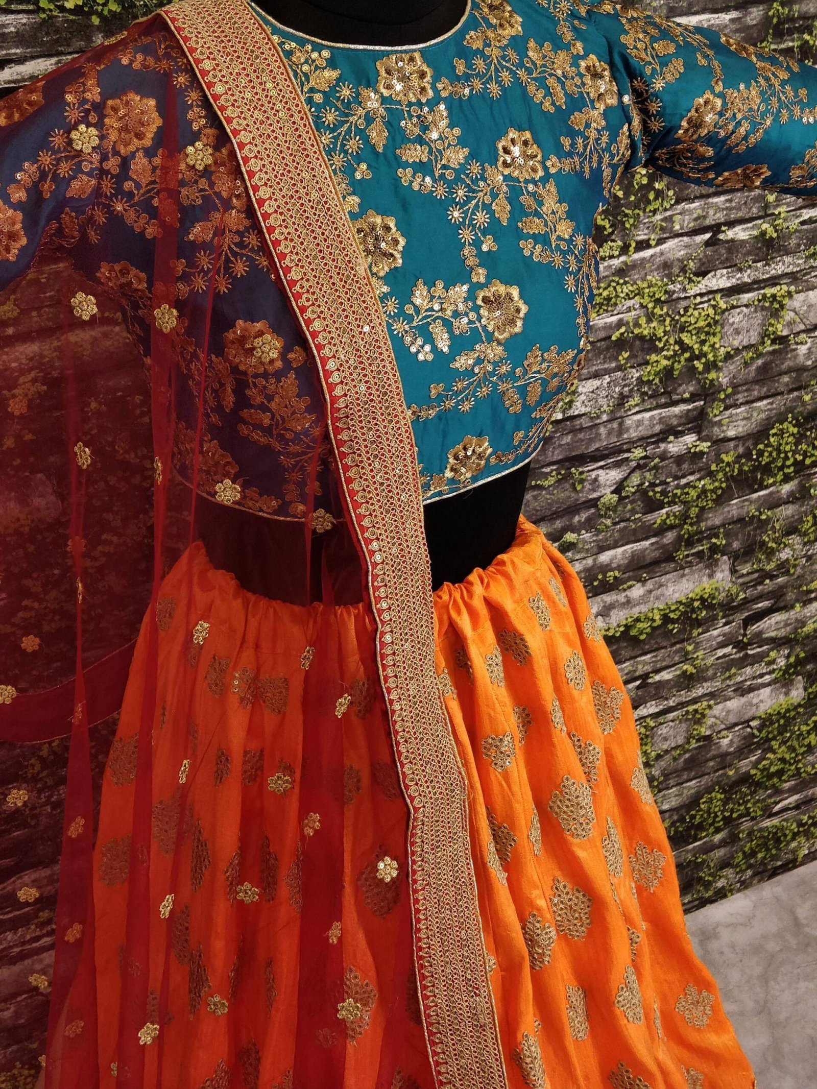 Sabyasachi Teal Green-Yellow Bridal Lehenga Choli With Dupatta - Image 3