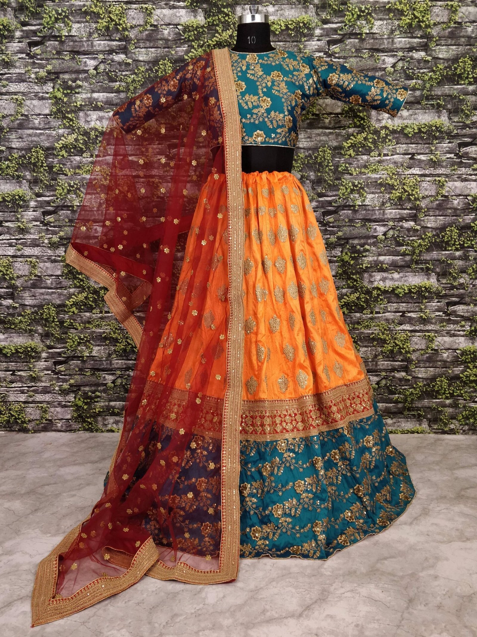 Sabyasachi Teal Green-Yellow Bridal Lehenga Choli With Dupatta - Image 2