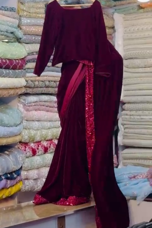 Women Bollywood Velvet Embellished Saree with Blouse