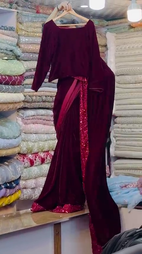 Women Bollywood Velvet Embellished Saree with Blouse