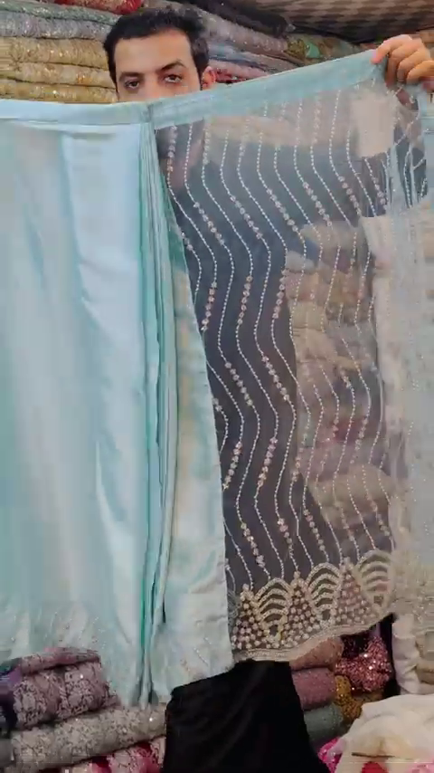 Sea Green Embroidery Thread Sequance Work Womens Saree - Image 3