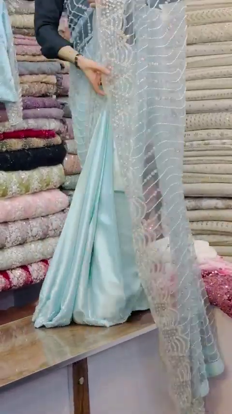 Sea Green Embroidery Thread Sequance Work Womens Saree - Image 4