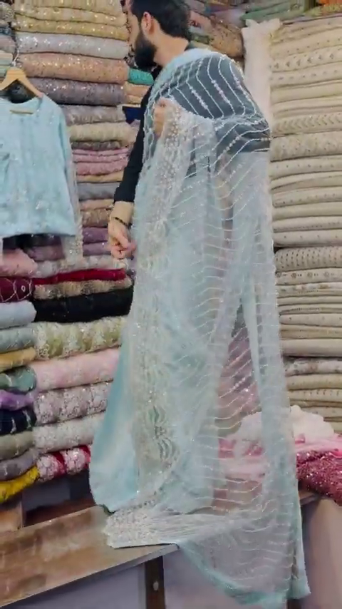 Sea Green Embroidery Thread Sequance Work Womens Saree - Image 2