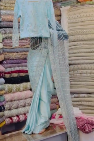 Sea Green Embroidery Thread Sequance Work Womens Saree