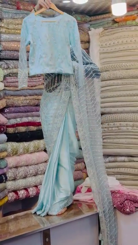 Sea Green Embroidery Thread Sequance Work Womens Saree