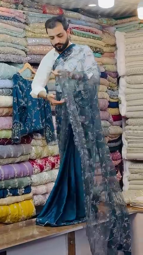 Blue Embroidery Thread Sequance Work Womens Saree - Image 4