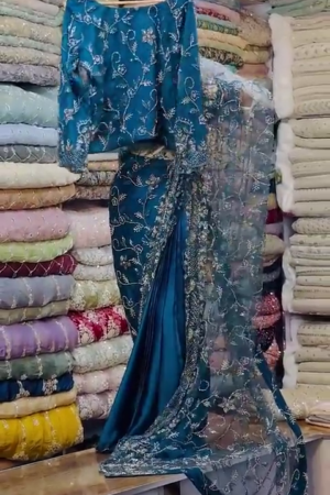 Blue Embroidery Thread Sequance Work Womens Saree