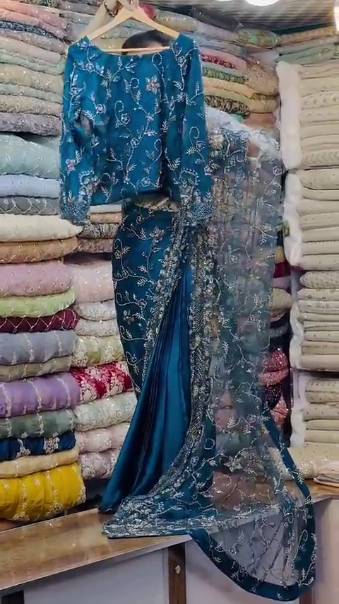 Blue Embroidery Thread Sequance Work Womens Saree