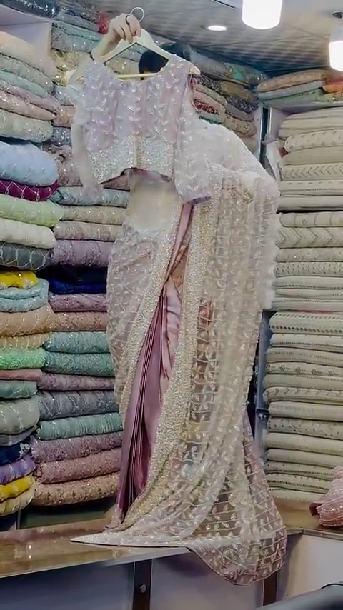 Rose Gold Embroidery Thread Sequance Work Womens Saree