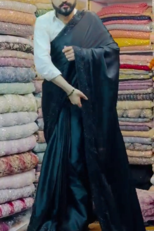 Women's Ready to Wear Plain Black Satin Silk 1 Minute Pre Pleated Saree With Black stitched Blouse