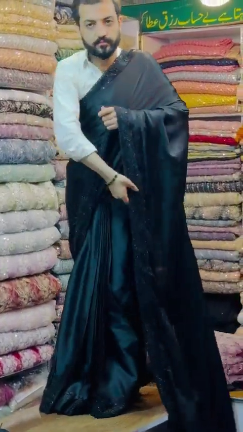 Women's Ready to Wear Plain Black Satin Silk 1 Minute Pre Pleated Saree With Black stitched Blouse