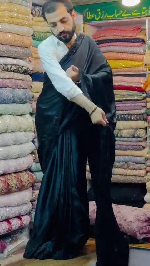 Women's Ready to Wear Plain Black Satin Silk 1 Minute Pre Pleated Saree With Black stitched Blouse - Image 5